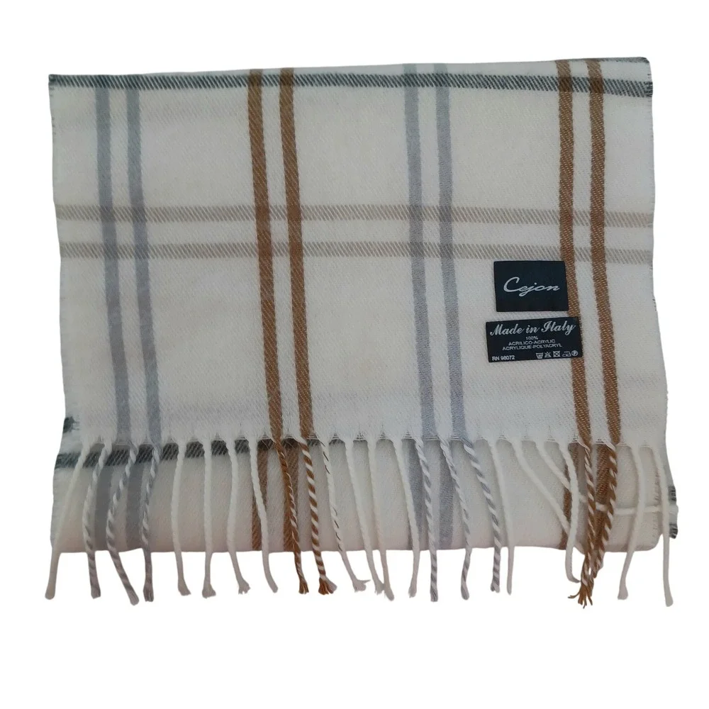 Cejon Made in Italy Plaid Scarf Cream Tan Grey‎ Windowpane Acrylic Fringe 62x11